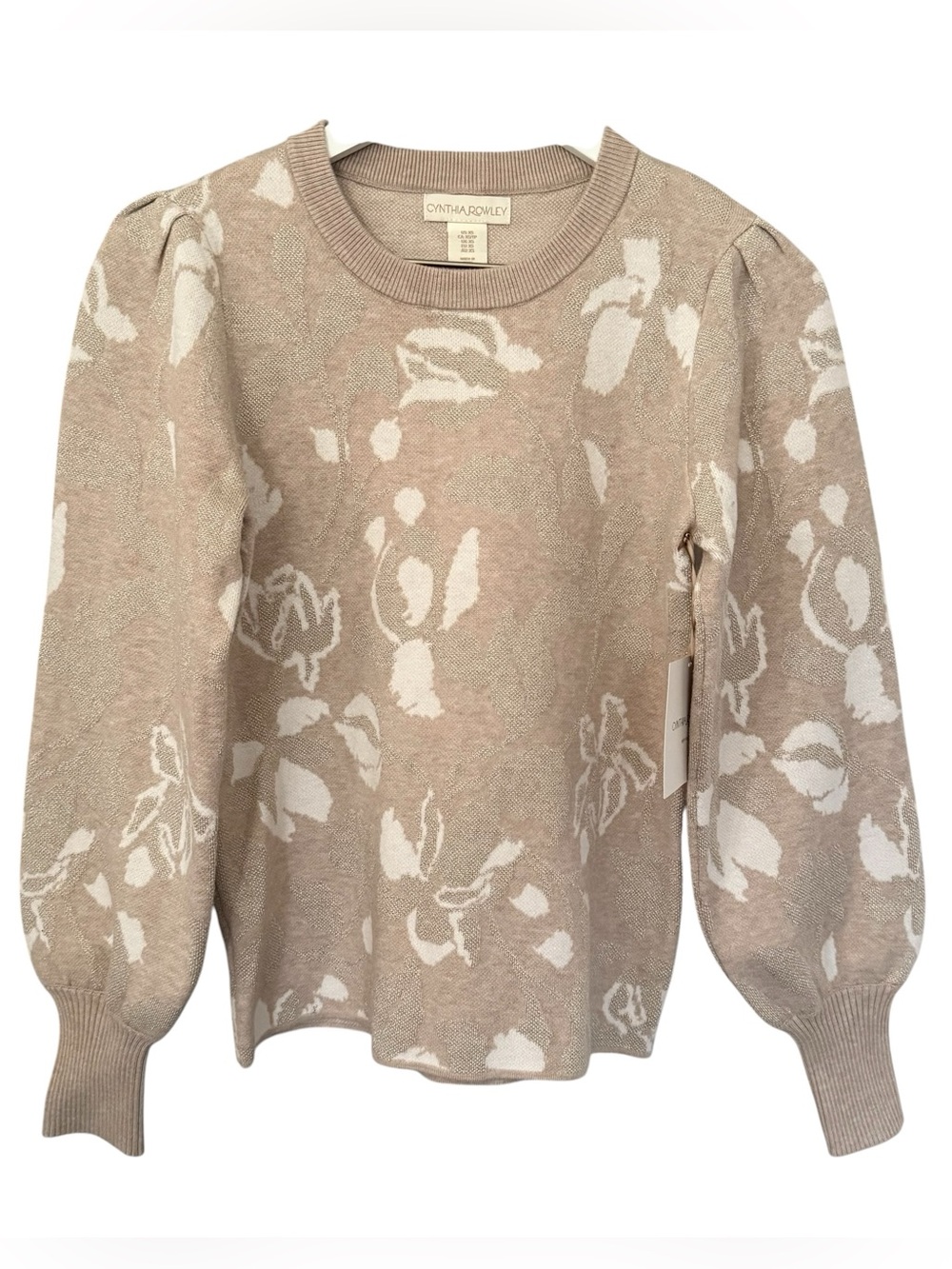 NWT Cynthia Rowley Sweater Women’s XS Taupe Floral Metallic Puff Sleeve Wrist